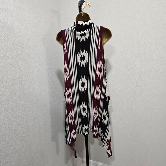 Southwestern Aztec Tribal Long Knit Duster Sweater Vest Womens OS Maroon Black - Picture 4 of 7